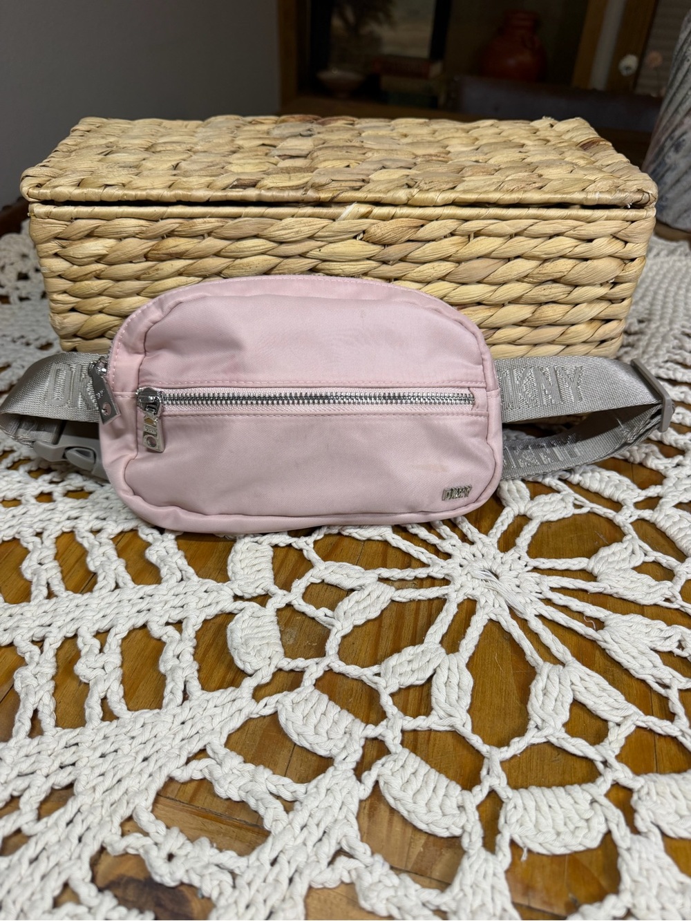 DKNY Bodhi Pink Nylon Belt Bag Fanny Pack Logo Strap Silver Hardware